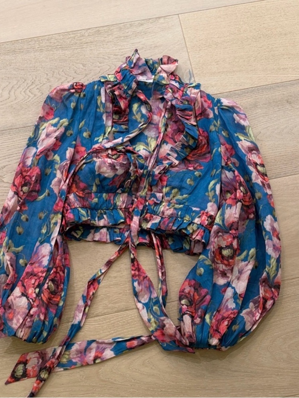 Zimmermann Blue Floral Ruffle Tie-Front Crop Top